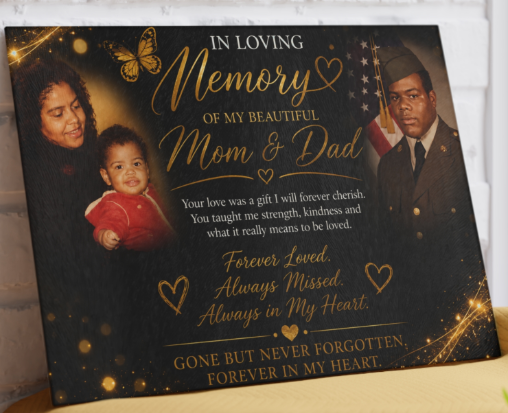 A personalized memorial canvas honoring Mom and Dad with photos and gold script on a dark background